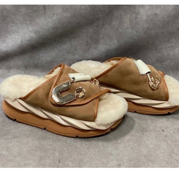 Free People 4CCCCEES Mellow Laze Pin Shearling Tan Sherpa Slides Women 6.5 EU 37 - Picture 1 of 8